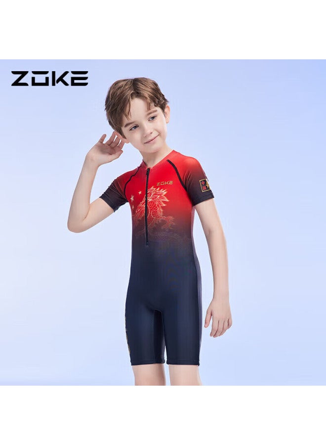 Zoke ملابس سباحة للأطفال، قطعة واحدة للأولاد بأرجل مربعة، حمام ساخن بأكمام قصيرة، 123503544، نمط التنين الصيني الأسود والأحمر، المقاس 12 - Image 1