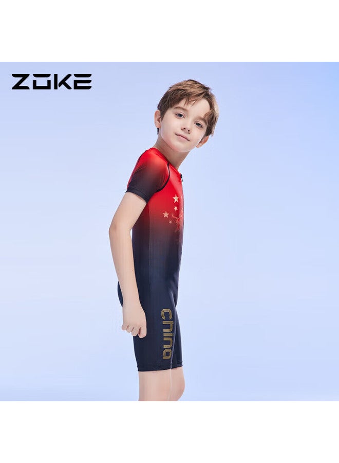 Zoke ملابس سباحة للأطفال، قطعة واحدة للأولاد بأرجل مربعة، حمام ساخن بأكمام قصيرة، 123503544، نمط التنين الصيني الأسود والأحمر، المقاس 12 - Image 3