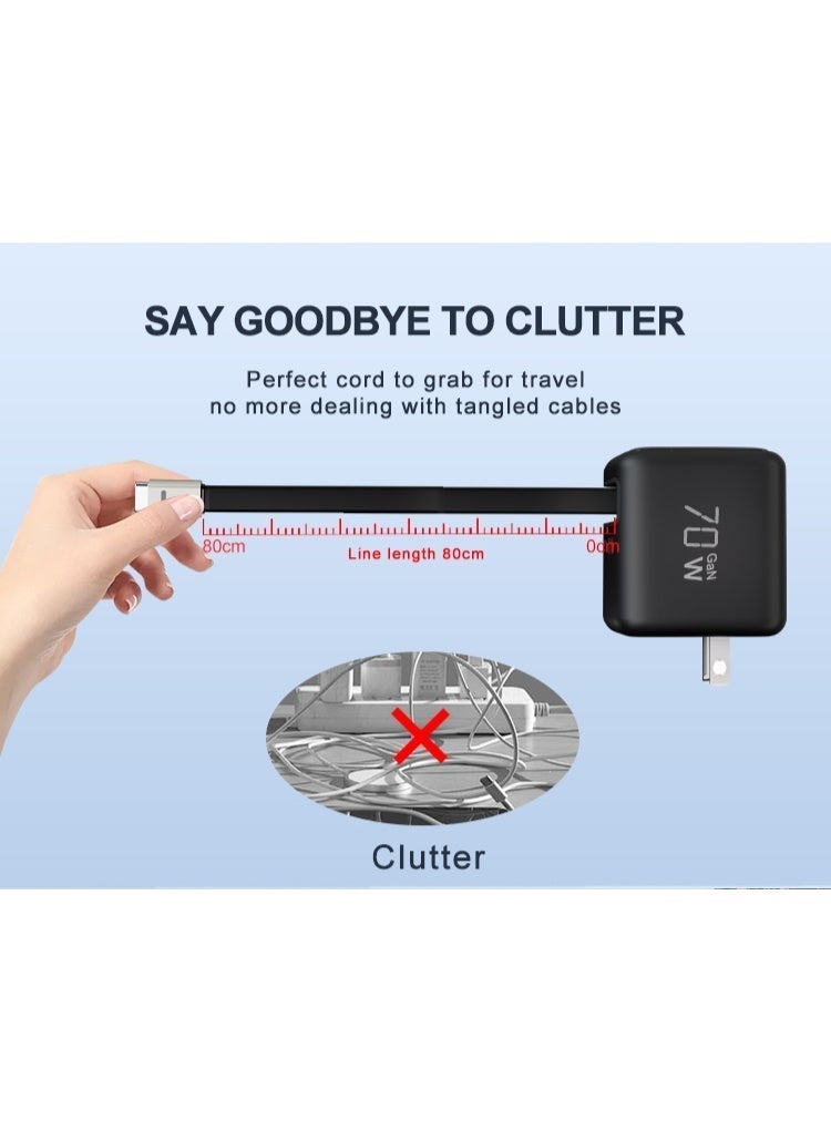 اي بي دي شاحن GaN فائق السرعة بقدرة 70W مع شاشة TFT ذكية – سلك قابل للسحب بطول 80 سم، منفذا USB-C ومنفذ USB-A، يدعم PD3.0/PPS، رأس قابل للطي ومتوافق مع جميع الأجهزة - Image 4