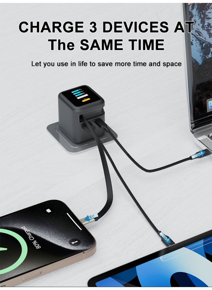 اي بي دي شاحن GaN فائق السرعة بقدرة 70W مع شاشة TFT ذكية – سلك قابل للسحب بطول 80 سم، منفذا USB-C ومنفذ USB-A، يدعم PD3.0/PPS، رأس قابل للطي ومتوافق مع جميع الأجهزة - Image 1