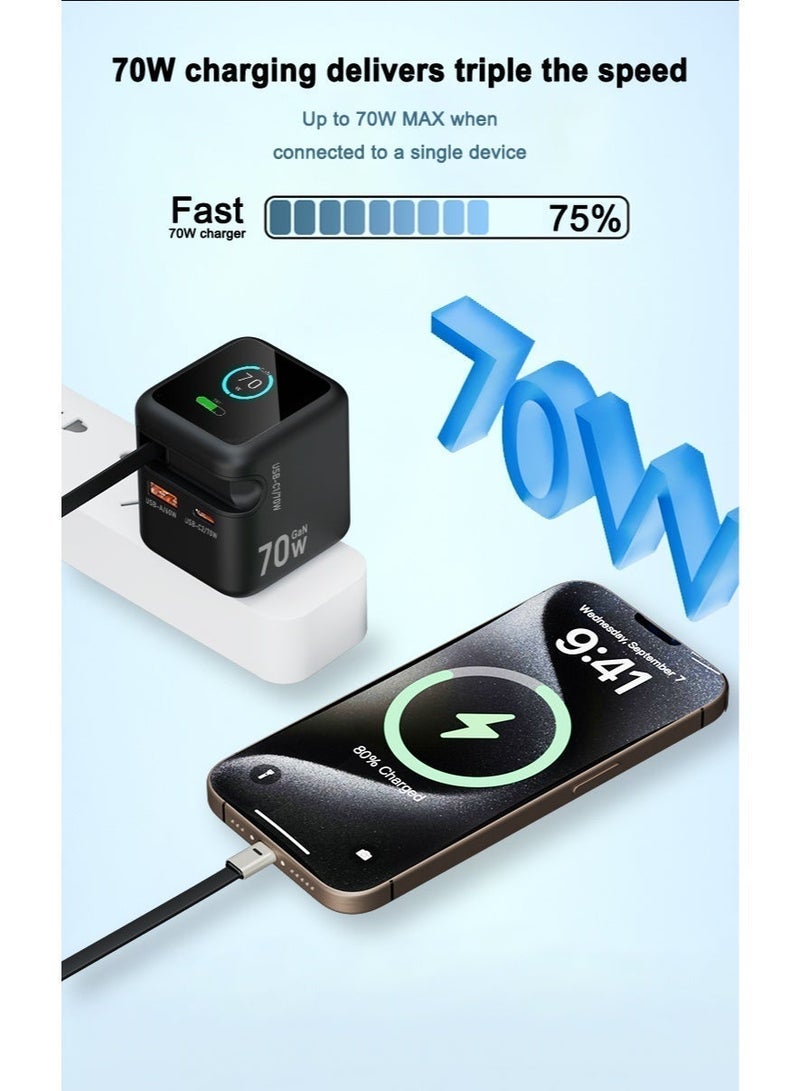 اي بي دي شاحن GaN فائق السرعة بقدرة 70W مع شاشة TFT ذكية – سلك قابل للسحب بطول 80 سم، منفذا USB-C ومنفذ USB-A، يدعم PD3.0/PPS، رأس قابل للطي ومتوافق مع جميع الأجهزة - Image 4