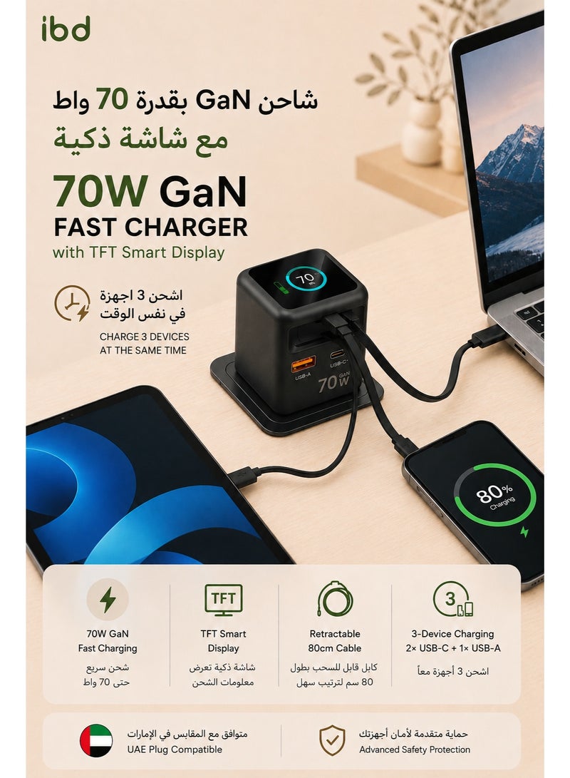 اي بي دي شاحن GaN فائق السرعة بقدرة 70W مع شاشة TFT ذكية – سلك قابل للسحب بطول 80 سم، منفذا USB-C ومنفذ USB-A، يدعم PD3.0/PPS، رأس قابل للطي ومتوافق مع جميع الأجهزة - Image 1