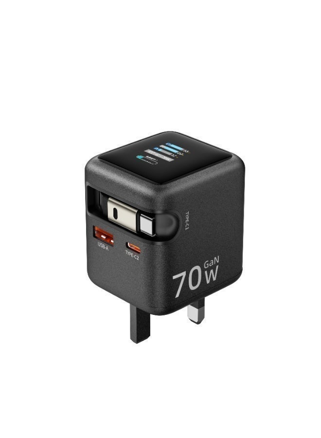 Ibd 70W GaN Fast Charger with TFT Smart Display – Retractable 80cm Cable, Dual USB-C + USB-A, PD3.0/PPS, Foldable Plug, Universal Compatibility - Image 1