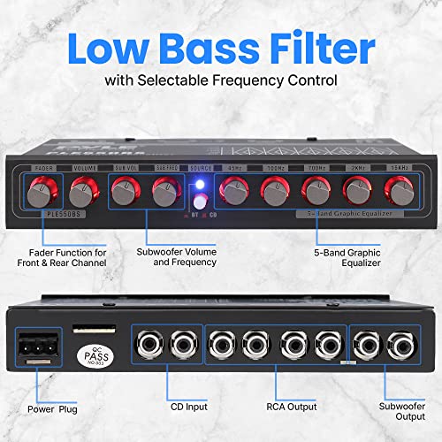 PyleUsa 5 Band Graphic Equalizer with Bluetooth, Adjustable SUB Volume for Subwoofer Channel, Low Pass Filter, Front Rear Fader, HiFi Car Audio EQ with RCA Inputs Outputs - Image 3