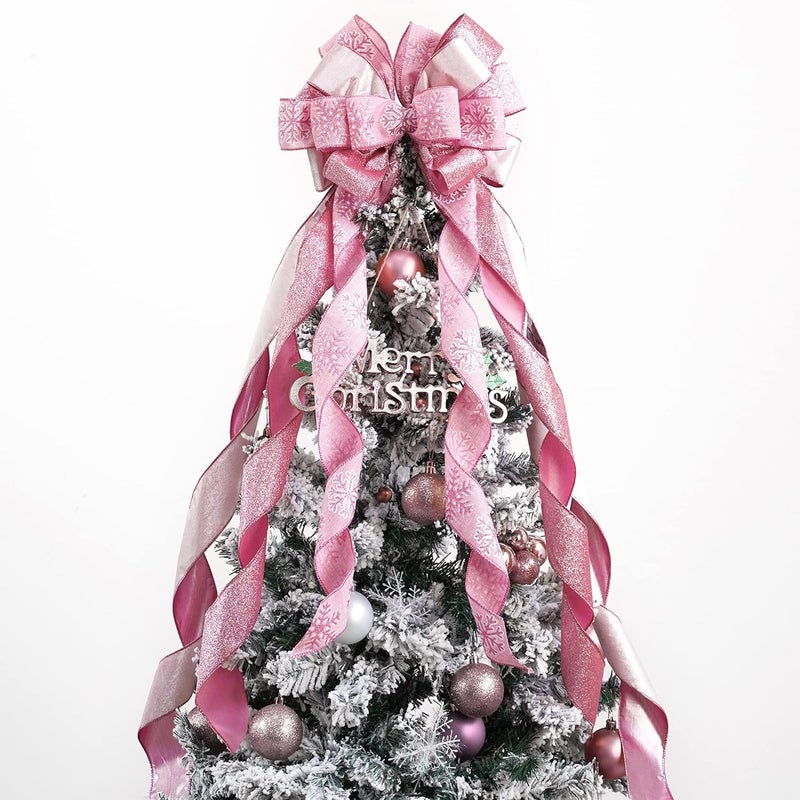 Meedee Pink Glitter Christmas Tree Topper - 12" Wide Velvet Bow for Christmas Tree (1 Pack) - Image 1
