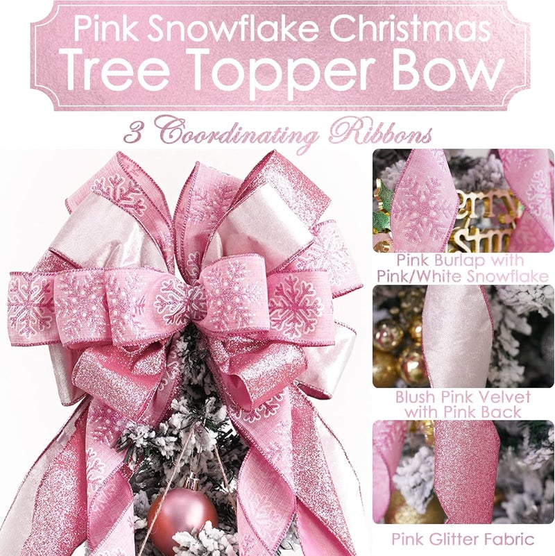 Meedee Pink Glitter Christmas Tree Topper - 12" Wide Velvet Bow for Christmas Tree (1 Pack) - Image 2