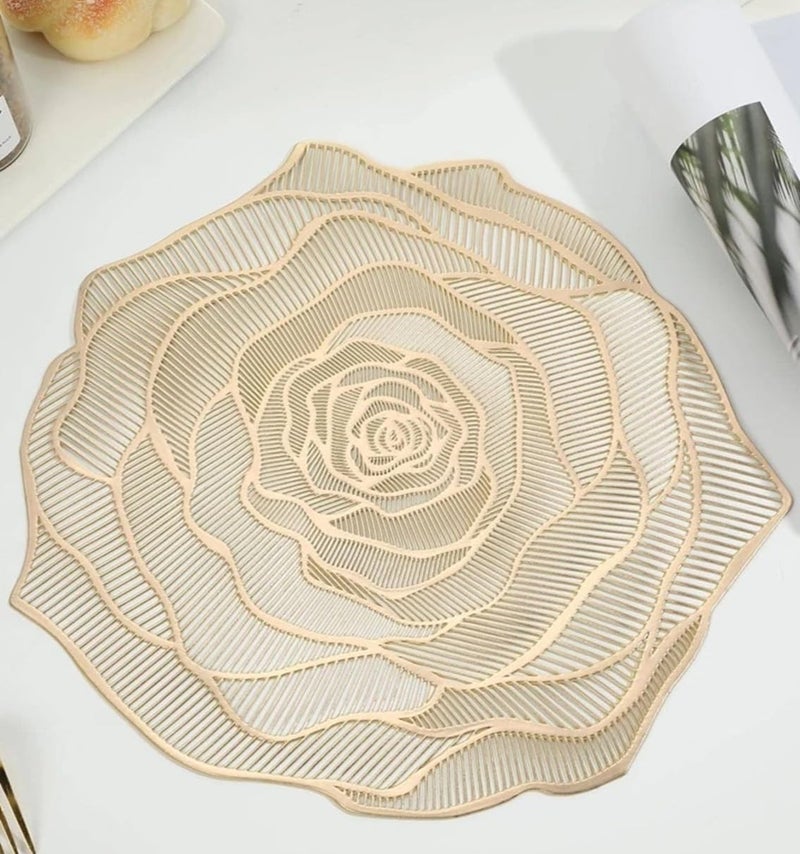 Kiwilon Rose Pattern PVC Placemats - Set of 6 | Metallic Look Non-Slip Washable Place Mats for Dining | Ideal for Dining Table - 38 x 38 CM (Gold) | Stain Resistant & Durable - Image 1