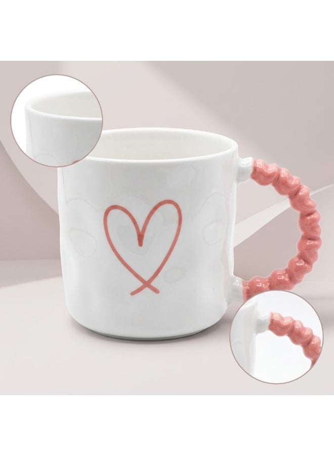 White Ceramic Coffee and Tea Mug with Pink Heart Print and Pink Bubble Beaded Handle - Single Piece Mug for Home and Office - Image 2