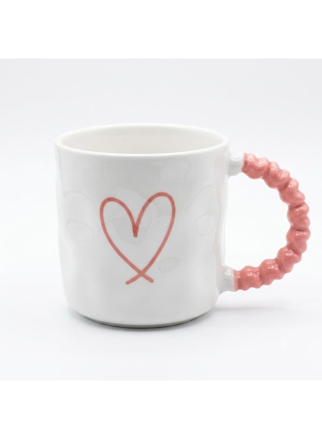 White Ceramic Coffee and Tea Mug with Pink Heart Print and Pink Bubble Beaded Handle - Single Piece Mug for Home and Office - Image 1