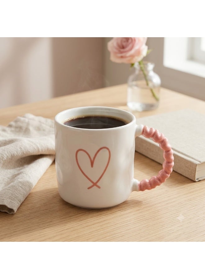White Ceramic Coffee and Tea Mug with Pink Heart Print and Pink Bubble Beaded Handle - Single Piece Mug for Home and Office - Image 3