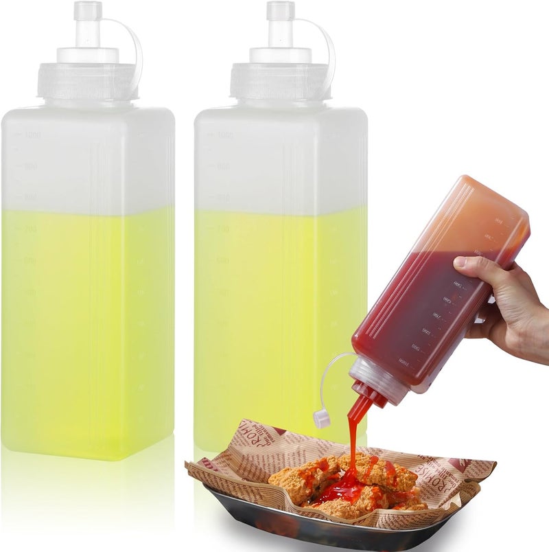 2 Pack 1000ML Large Squeeze Bottle Dispenser Set, Wide Mouth Food-Grade Condiment Containers for Ketchup, Mayo, Mustard, Sauces, and Family Kitchen Use - Image 1