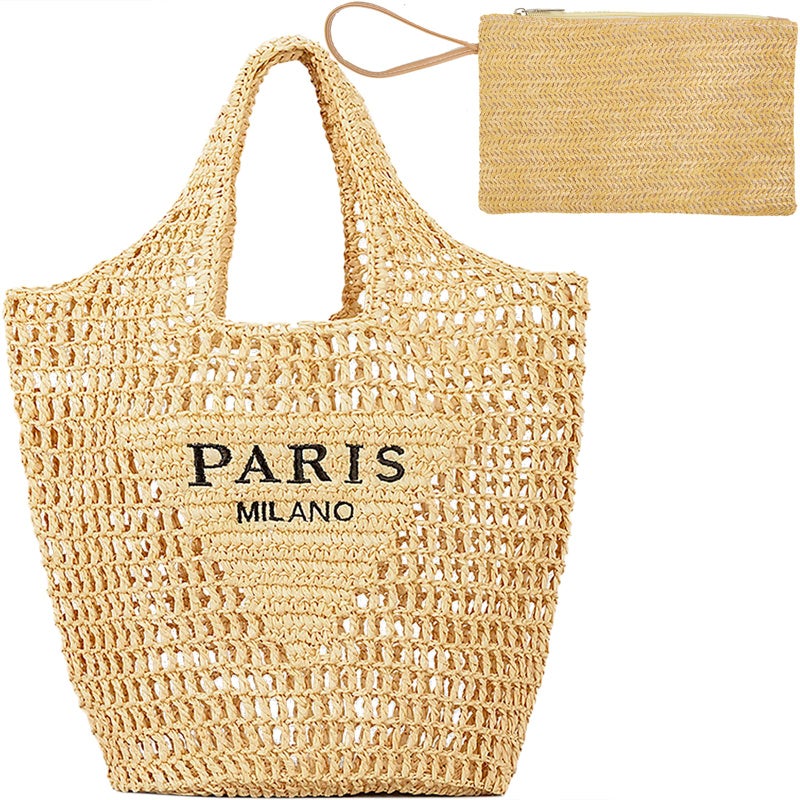 QZUnique Women Straw Woven Bag Summer Shoulder Bag Beach Purse Hobo Vacation Straw Clutch Handbag - Image 1