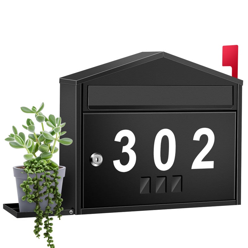 Pyoimmne Wall-Mount Mailbox with Flag, Large Capacity Mailboxes for Outside House with Planter Holder & 3 Sets of 0-9 Number Stickers, Locking Galvanized Steel Rust-Proof Post Box Metal Mail Box with Key Lock - Image 1