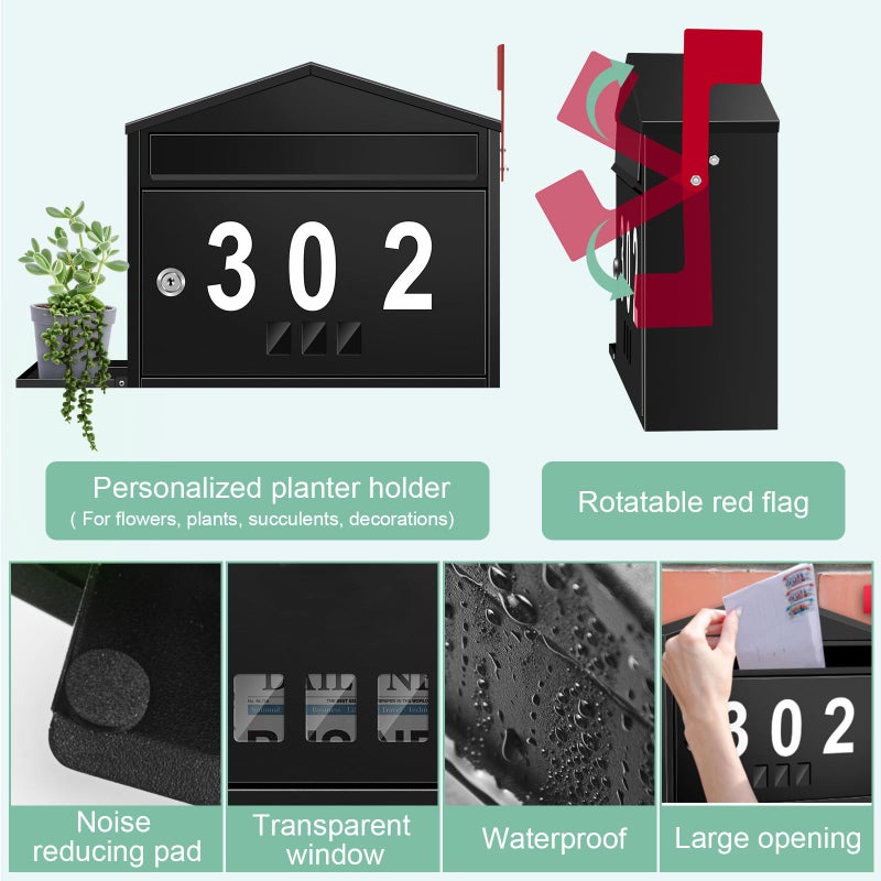 Pyoimmne Wall-Mount Mailbox with Flag, Large Capacity Mailboxes for Outside House with Planter Holder & 3 Sets of 0-9 Number Stickers, Locking Galvanized Steel Rust-Proof Post Box Metal Mail Box with Key Lock - Image 4