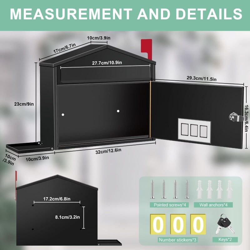 Pyoimmne Wall-Mount Mailbox with Flag, Large Capacity Mailboxes for Outside House with Planter Holder & 3 Sets of 0-9 Number Stickers, Locking Galvanized Steel Rust-Proof Post Box Metal Mail Box with Key Lock - Image 2