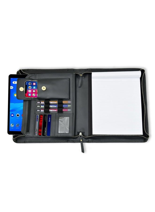 Jajmo Legacy Leather Business Portfolio Padfolio Document Organizer with Writing Pad Resume Professional Interview Zipper Writing Notepad Folder for Men Women - Carbon Fiber Black - Image 2