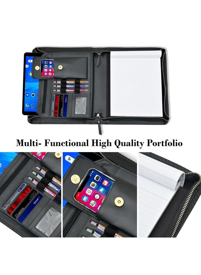 Jajmo Legacy Leather Business Portfolio Padfolio Document Organizer with Writing Pad Resume Professional Interview Zipper Writing Notepad Folder for Men Women - Carbon Fiber Black - Image 3
