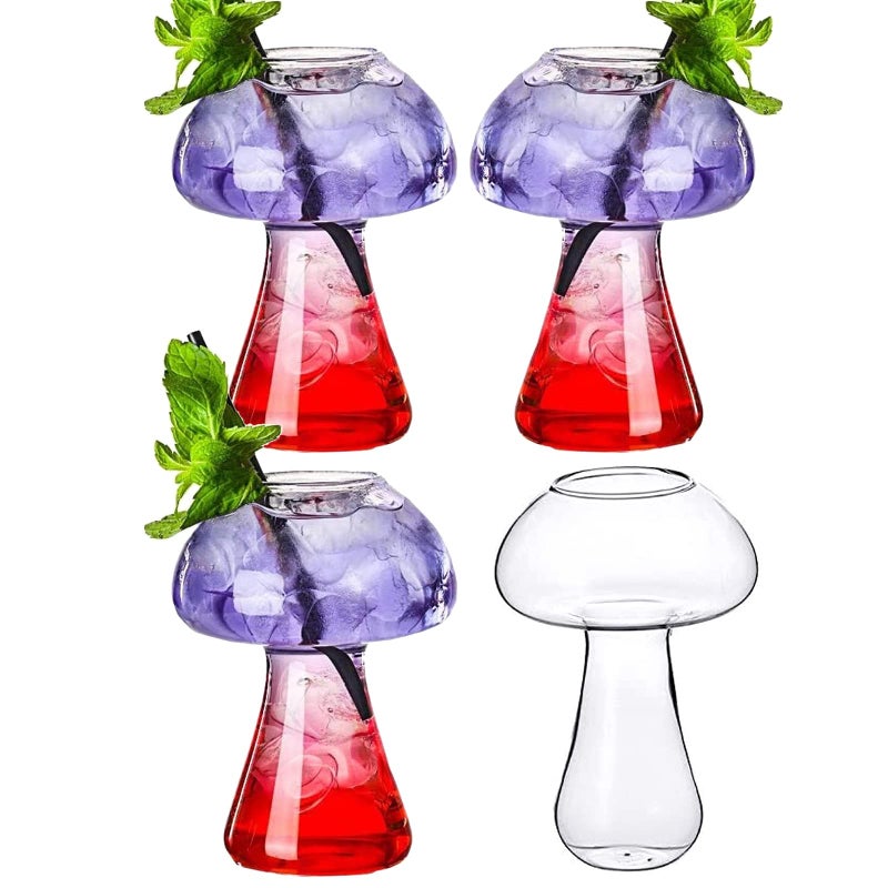 SuproBarware Mushroom Glasses Mushroom Cocktail Glass Cup Set of 4 Clear Mushroom Shaped Drinks Cups 8oz250ml Wine Glasses for Party Novelty Drinking Glassware for KTV Bar Club Transparent
