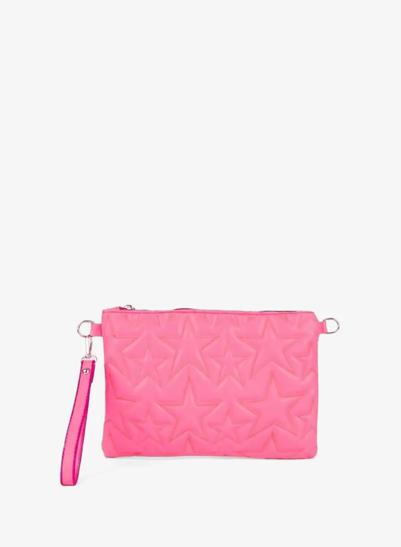 Women's Fuchsia Star Embroidered Synthetic Leather Wrist and Chain Strap Portfolio Hand and Clutch Bag.