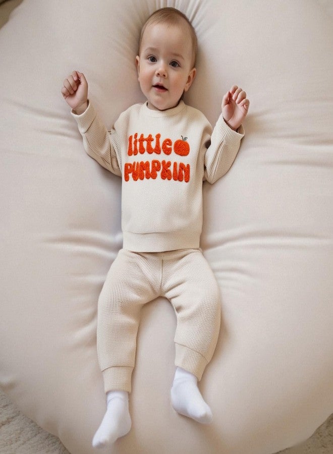 Karuedoo Toddler Baby Boy Halloween Outfit Little Pumpkin Embroidered Waffle Knit Sweatshirt and Pants Set 2Pc Fall Clothes (Apricot, 6-12 Months) - Image 5