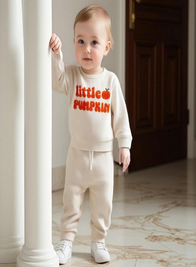 Karuedoo Toddler Baby Boy Halloween Outfit Little Pumpkin Embroidered Waffle Knit Sweatshirt and Pants Set 2Pc Fall Clothes (Apricot, 6-12 Months) - Image 3