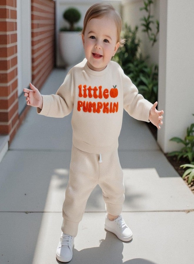 Karuedoo Toddler Baby Boy Halloween Outfit Little Pumpkin Embroidered Waffle Knit Sweatshirt and Pants Set 2Pc Fall Clothes (Apricot, 6-12 Months) - Image 2