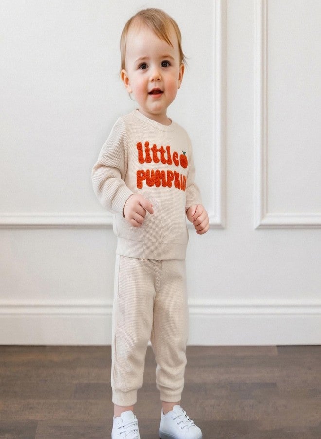 Karuedoo Toddler Baby Boy Halloween Outfit Little Pumpkin Embroidered Waffle Knit Sweatshirt and Pants Set 2Pc Fall Clothes (Apricot, 6-12 Months) - Image 4