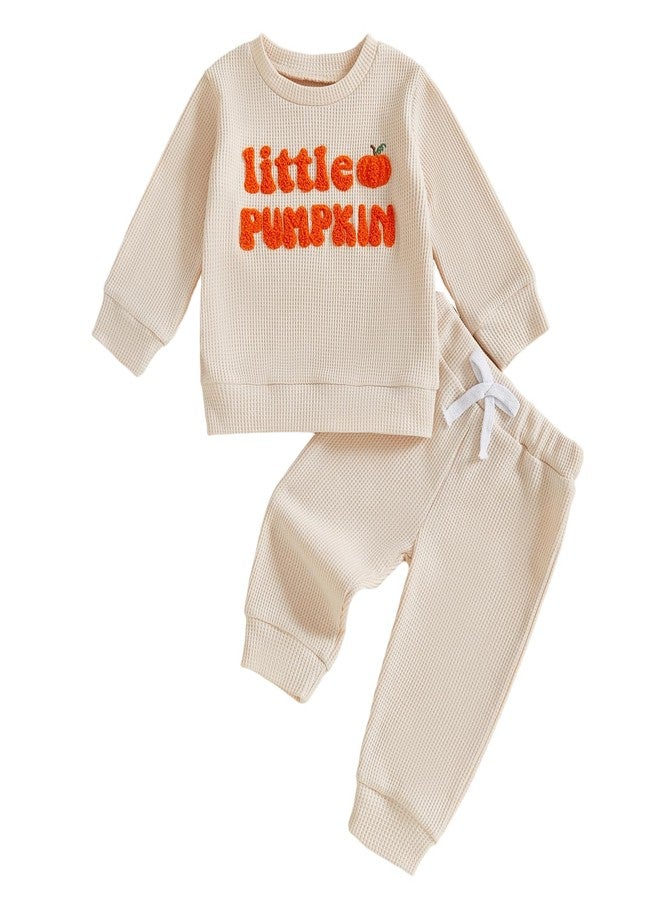 Karuedoo Toddler Baby Boy Halloween Outfit Little Pumpkin Embroidered Waffle Knit Sweatshirt and Pants Set 2Pc Fall Clothes (Apricot, 6-12 Months) - Image 1