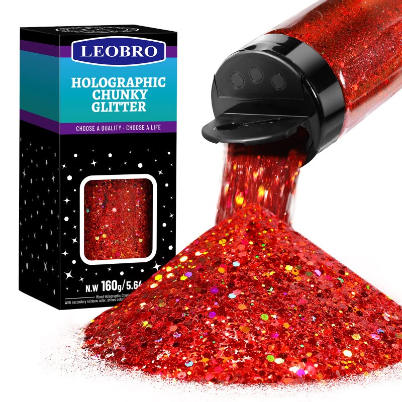 LEOBRO Holographic Red Chunky Glitter 160G564OZ Resin Powder Sequins Flakes for Christmas