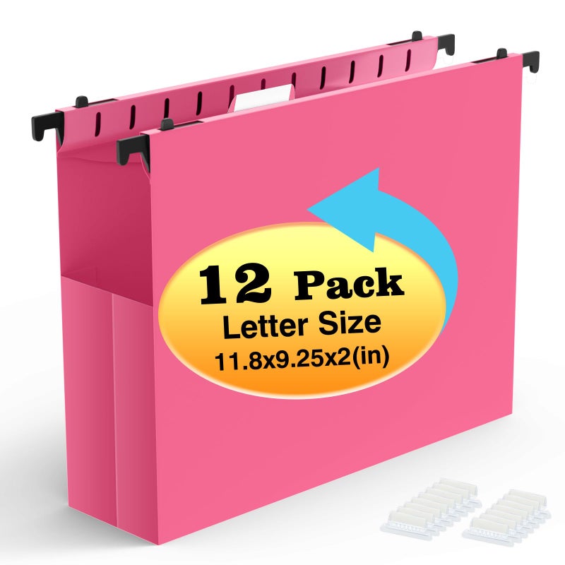 Shutex Extra Capacity Plastic Hanging File Folders,12 Pack Reinforced Expanding Hang Folder Letter Size,Accordian Pocket,Heavy Duty 2 Inch Expansion, Hard Hanging Folder Organizer for Office Home,Pink - Image 1