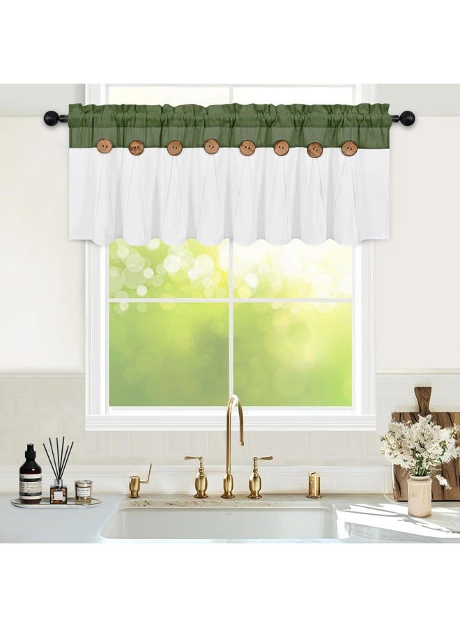 FRAMICS Farmhouse Valance Curtains, Boho Cotton Linen Kitchen Valance, Rustic Button Window Valances for Kitchen Bathroom, Country Rod Pocket Valances for Window, Olive Green and White, 52 x 18 Inch - Image 1