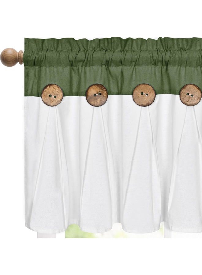 FRAMICS Farmhouse Valance Curtains, Boho Cotton Linen Kitchen Valance, Rustic Button Window Valances for Kitchen Bathroom, Country Rod Pocket Valances for Window, Olive Green and White, 52 x 18 Inch - Image 2
