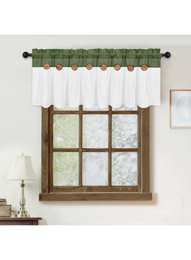 FRAMICS Farmhouse Valance Curtains, Boho Cotton Linen Kitchen Valance, Rustic Button Window Valances for Kitchen Bathroom, Country Rod Pocket Valances for Window, Olive Green and White, 52 x 18 Inch - Image 3