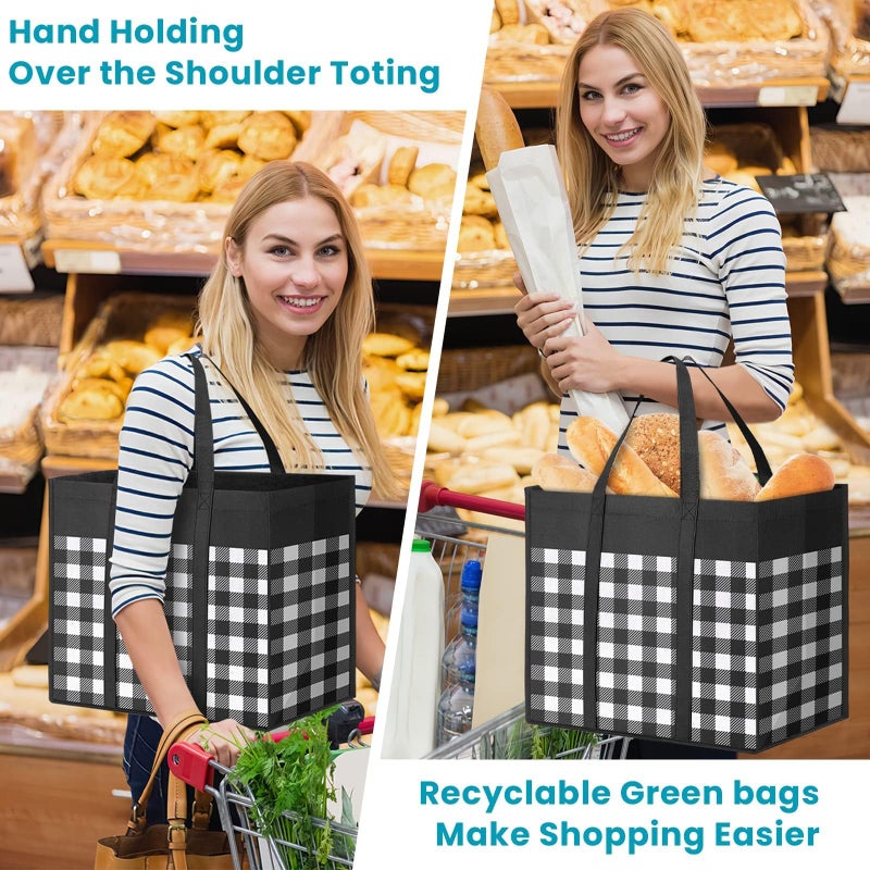 WOWBOX Reusable Grocery Bags,4-Pack, Foldable Reusable Shopping Tote Bags bulk with Reinforced Handles,Large Storage Bags with Water Resistant Coating for Groceries,Multipurpose,Black-White - Image 2