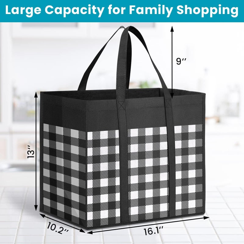WOWBOX Reusable Grocery Bags,4-Pack, Foldable Reusable Shopping Tote Bags bulk with Reinforced Handles,Large Storage Bags with Water Resistant Coating for Groceries,Multipurpose,Black-White - Image 3