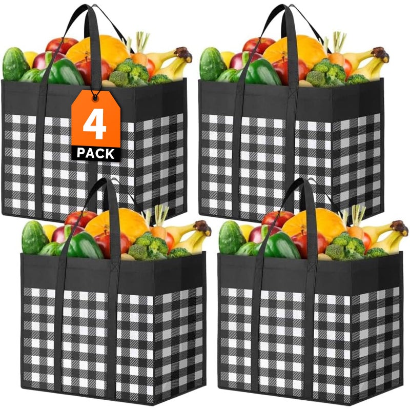 WOWBOX Reusable Grocery Bags,4-Pack, Foldable Reusable Shopping Tote Bags bulk with Reinforced Handles,Large Storage Bags with Water Resistant Coating for Groceries,Multipurpose,Black-White - Image 1