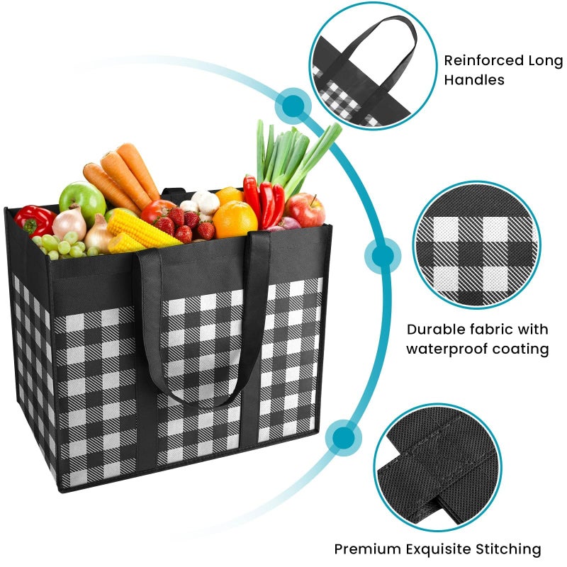 WOWBOX Reusable Grocery Bags,4-Pack, Foldable Reusable Shopping Tote Bags bulk with Reinforced Handles,Large Storage Bags with Water Resistant Coating for Groceries,Multipurpose,Black-White - Image 4