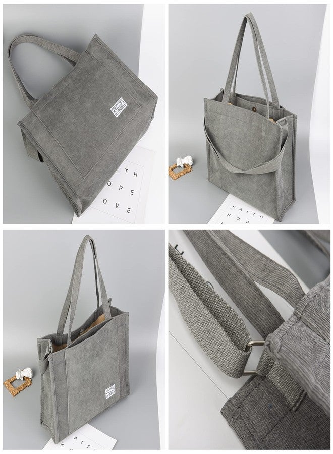 Valleycomfy Vintage Casual Corduroy Tote Bags Women Hobo Crossbody Bag Purse for Women Travel Shoulder Bags Handbags Eco Bag, Gray, Large - Image 5