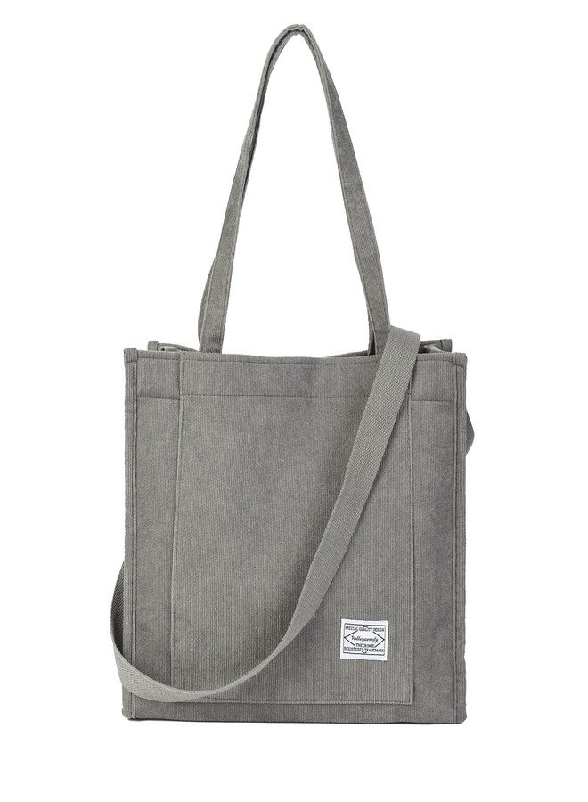 Valleycomfy Vintage Casual Corduroy Tote Bags Women Hobo Crossbody Bag Purse for Women Travel Shoulder Bags Handbags Eco Bag, Gray, Large - Image 1