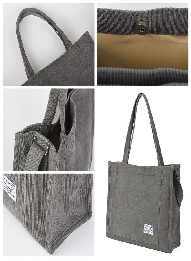 Valleycomfy Vintage Casual Corduroy Tote Bags Women Hobo Crossbody Bag Purse for Women Travel Shoulder Bags Handbags Eco Bag, Gray, Large - Image 4