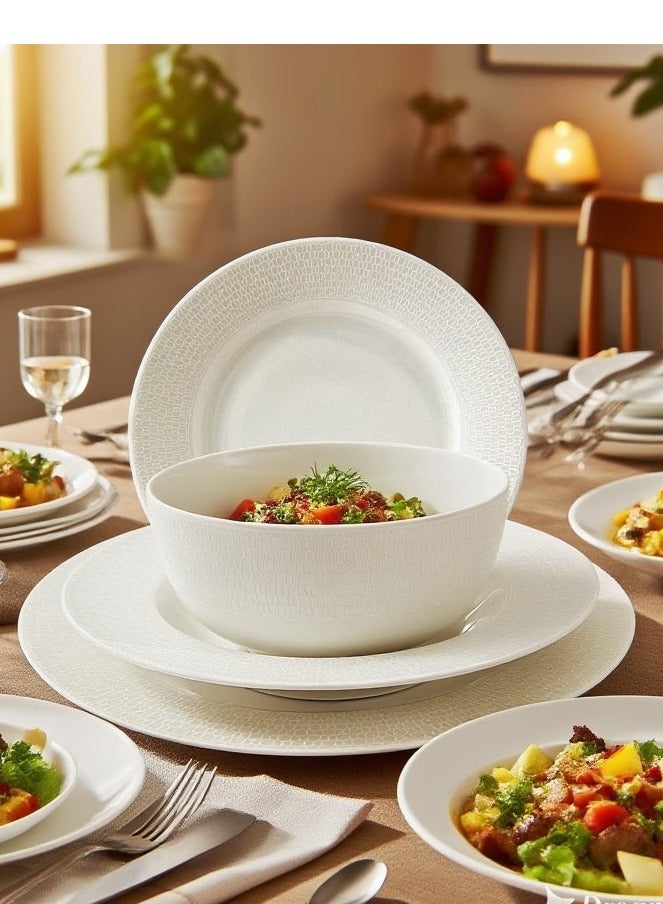 تراست طقم عشاء من البورسلين مكوّن من 24 قطعة باللون الأبيض؛ 6 قطع أطباق عشاء مقاس 27 سم، 6 قطع أطباق شوربة مقاس 22 سم، 6 قطع أطباق جانبية مقاس 20.5 سم، 6 قطع سلطانية مقاس 14 سم. - Image 1