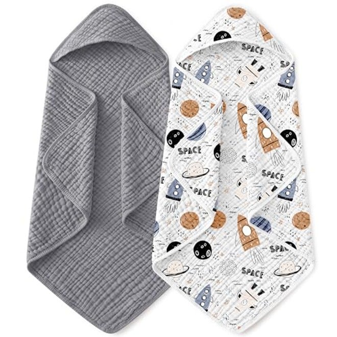 Yoofoss Hooded Baby Bath Towels 2 Pack - 100% Muslin Organic Cotton, Soft & Absorbent for Newborn, Babies, Toddlers, 32x32 Inch, Beige & Coffee