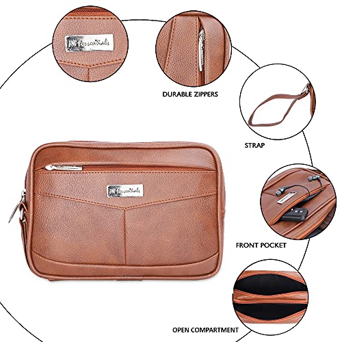 NFI essentials Men’s Faux Leather Multipurpose Toiletry & Hand Pouch Bag with Wrist Strap, Travel Organizer for Cash, Phone, Wallet & Accessories – PU Leather, Large Capacity, Durable - Image 2