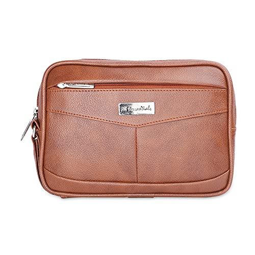 NFI essentials Men’s Faux Leather Multipurpose Toiletry & Hand Pouch Bag with Wrist Strap, Travel Organizer for Cash, Phone, Wallet & Accessories – PU Leather, Large Capacity, Durable - Image 1