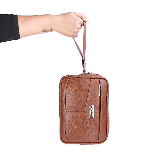 NFI essentials Men’s Faux Leather Multipurpose Toiletry & Hand Pouch Bag with Wrist Strap, Travel Organizer for Cash, Phone, Wallet & Accessories – PU Leather, Large Capacity, Durable - Image 5