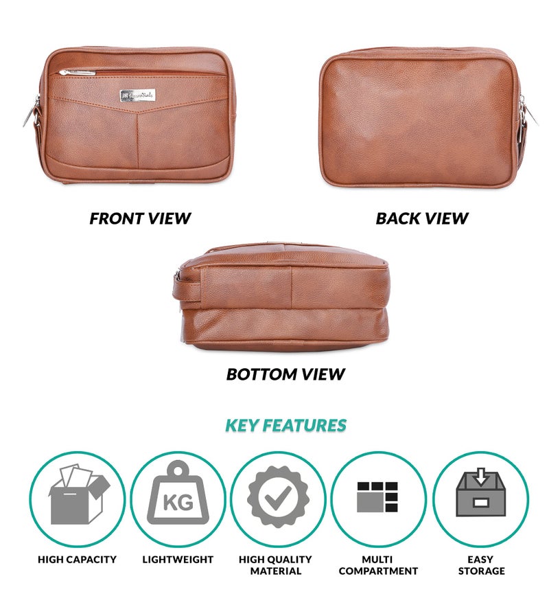 NFI essentials Men’s Faux Leather Multipurpose Toiletry & Hand Pouch Bag with Wrist Strap, Travel Organizer for Cash, Phone, Wallet & Accessories – PU Leather, Large Capacity, Durable - Image 3
