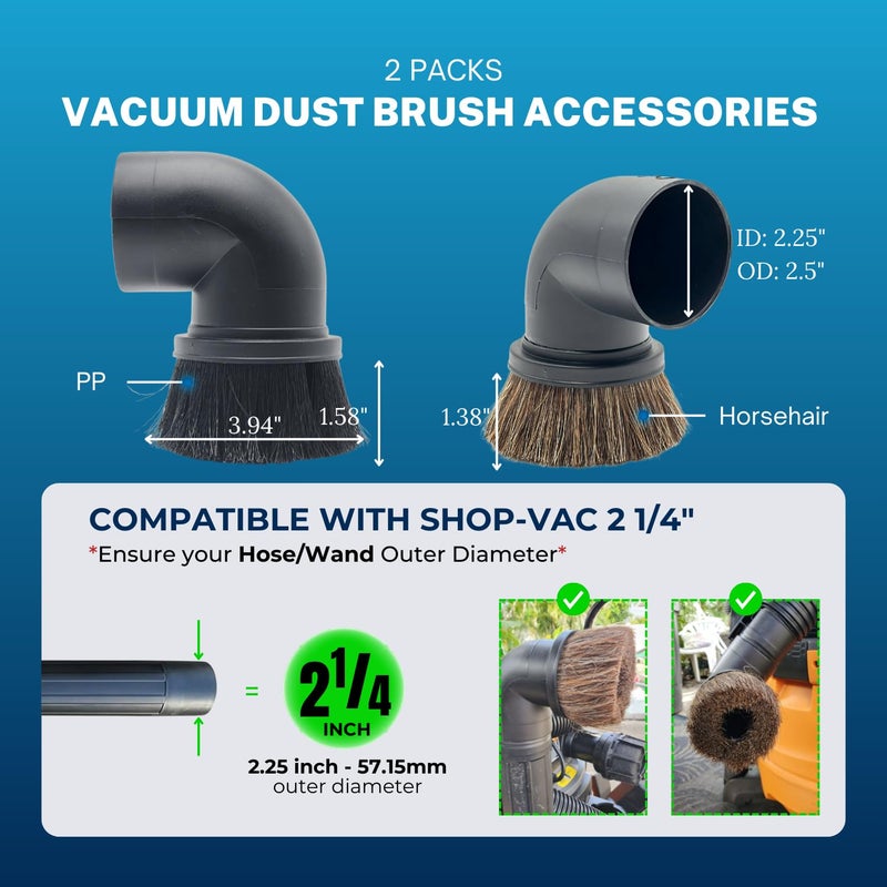 GHAMADE 2PACK Horse Hair & Plastic Bristles Brushes for Shop Vac 2-1/2'' - Vacuum Accessories for Shop Vac 2-1/4'' Compatible with Rigid Shop-Vac VacMaster Craftman, Vacuum Attachments for Car Detailing - Image 2