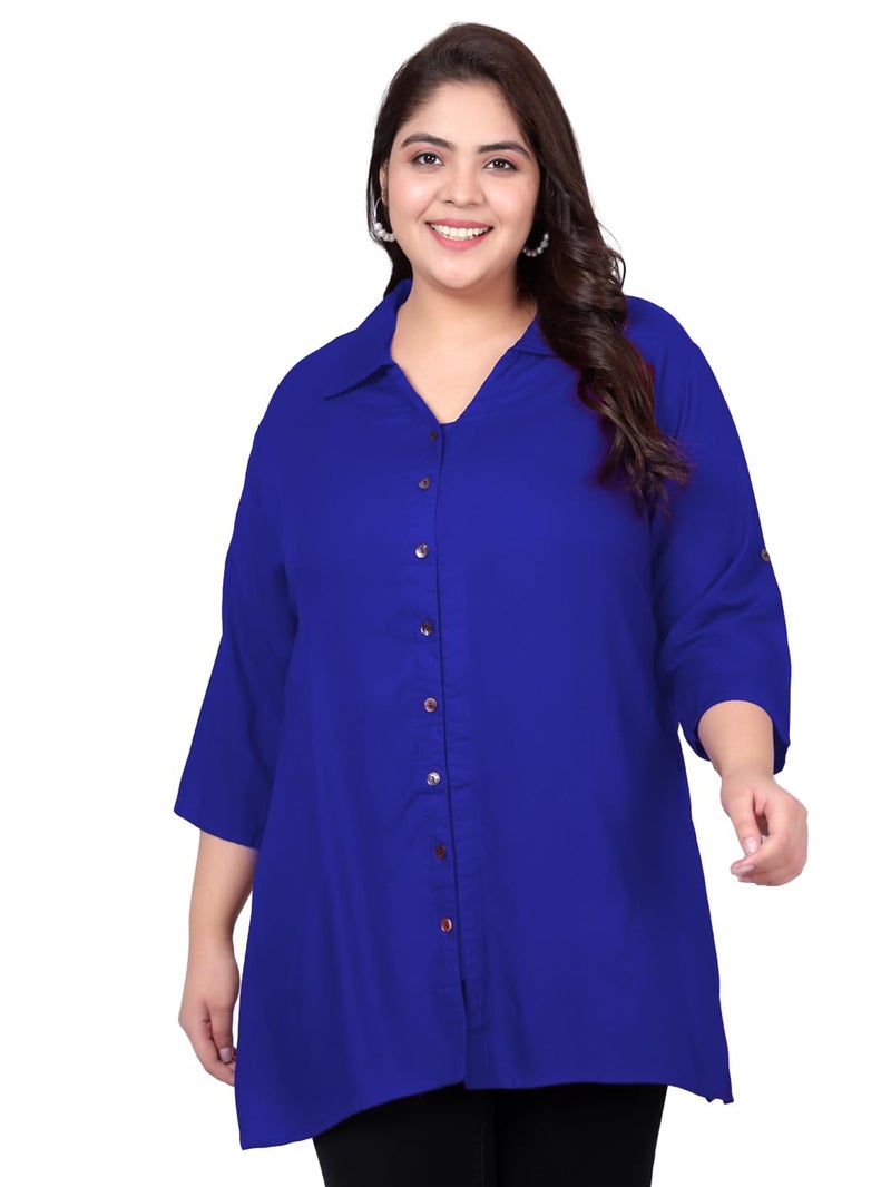Indietoga Women's Plus Size Casual Rayon Longline Shirt Tops (P10001455_Blue Solid_6Xl, Tunic Shirt) - Image 1