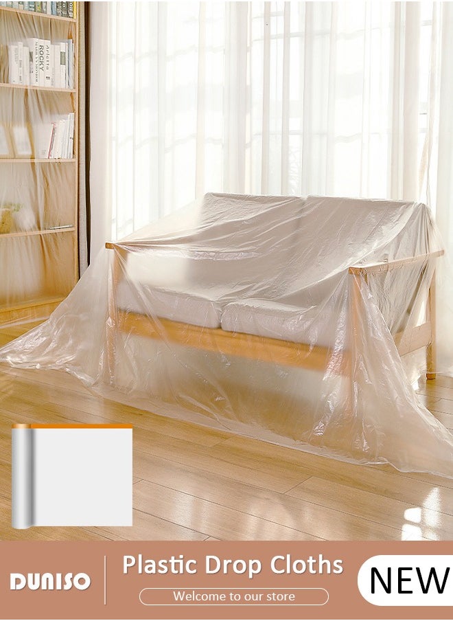 DUNISO Plastic Drop Cloths, Waterproof Anti-Dust Furniture Cover With Adhesive Strip, Thicken Painters Drop Cloth, Disposable Plastic Cover for Painting Protection, Large Anti Dust Clear Cover for Sofa Furniture Floor Wall Protection  - Image 1