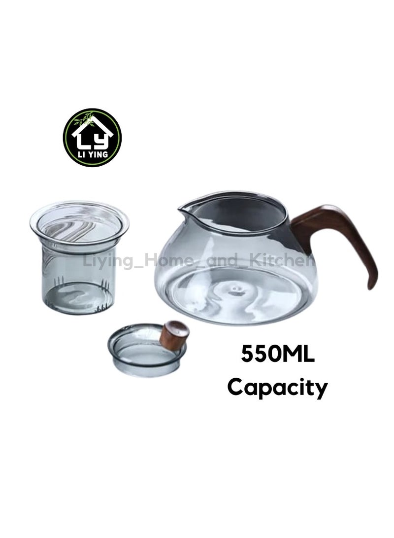 Liying 550ml Glass Tea Kettle With Wooden Handle, Stovetop & microwave-safe glass Borosilicate Teapot, Teapot With Infuser  - Image 2